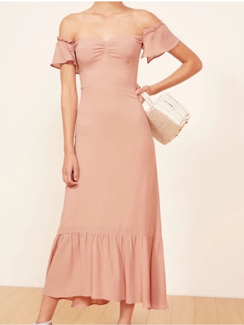 Reformation Butterfly Blush Pink Off-Shoulder Midi Dress Size 0